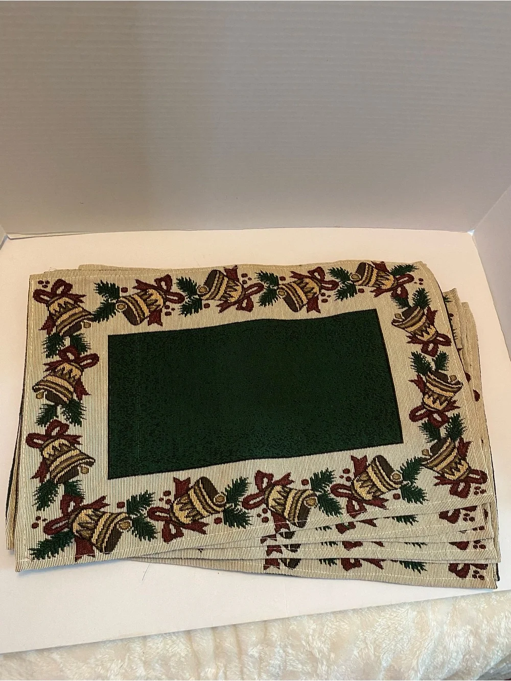 Christmas Woven Placemats Greenery and Bells 19 x 12 1/2 inches Set Of 7
